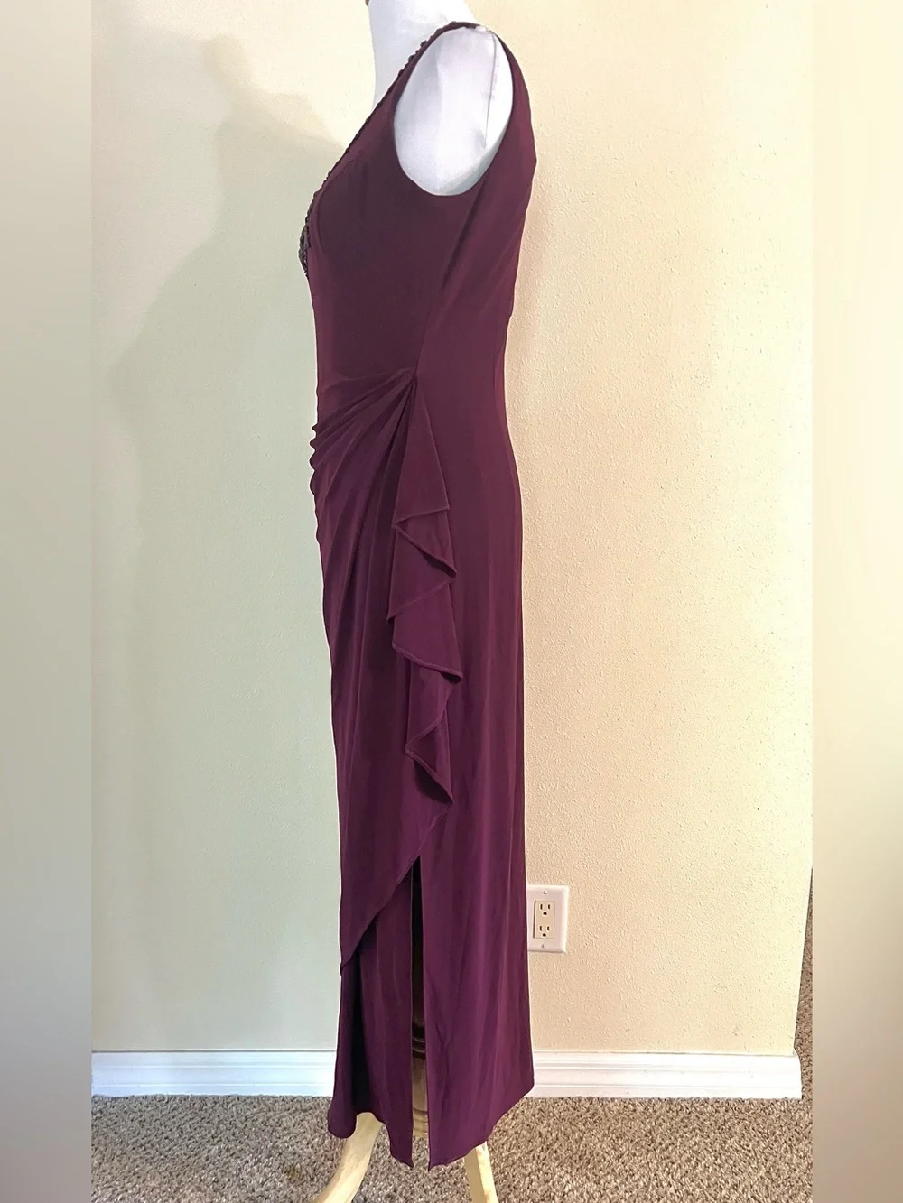 Alex Evenings Wine Burgundy Beaded Two-Piece Evening Gown Waterfall-Ruffle 10
